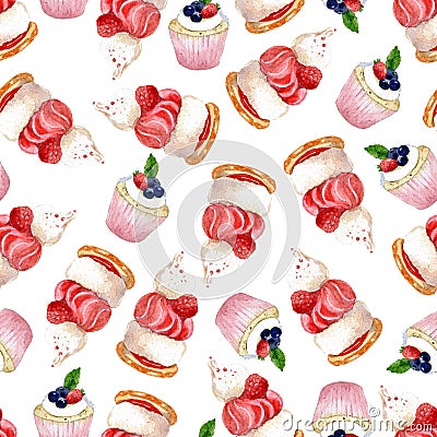 Seamless watercolor pattern of cakes with meringue and raspberry cupcake with strawberry and blackberry on white Stock Photo