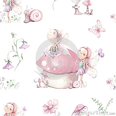 Seamless watercolor pattern with cartoon fairies, flowers, mushrooms, butterflies Stock Photo
