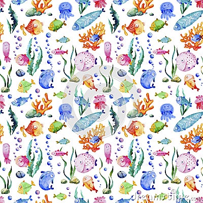 Watercolor Cartoon fish, jellyfish and different marine plants seamless pattern. Stock Photo