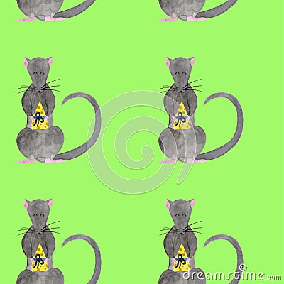 Seamless watercolor pattern with Christmas rat holding piece of cheese with a blue ribbon Cartoon Illustration