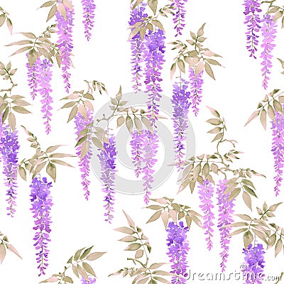 Seamless watercolor pattern, clusters of light violet wisteria flowers. Stock Photo