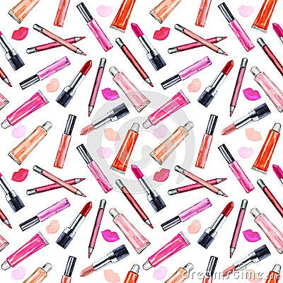 Seamless watercolor pattern with colored lipstick and gloss lip. Stock Photo