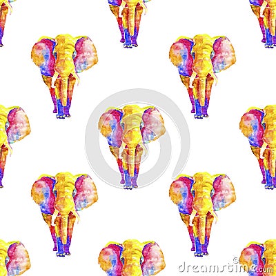 Seamless watercolor pattern of colorful elephant in different rainbow colors. Neon mammals repeated in white background Stock Photo