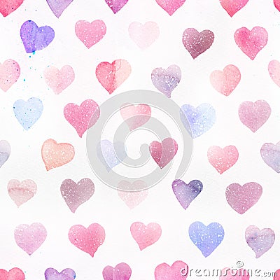 Seamless watercolor pattern with colorful hearts - romantic light and soft tints of pink and red. Stock Photo