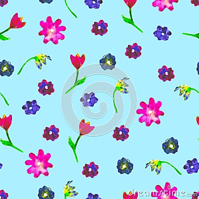 Seamless watercolor pattern. Colourful eggs and flowers on blue background. Bright hand drawn illustration. Happy Easter Cartoon Illustration