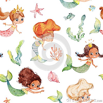 Seamless watercolor pattern with cute multiracial girls mermaids, sea elements, sea stars, fishes, flowers etc Girls Stock Photo