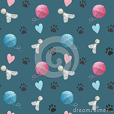 Seamless watercolor pattern with dark paw prints, hearts, toys and clews on blue background Stock Photo