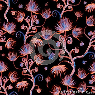 seamless watercolor pattern decorative fabulous flowers of pink and blue color on black background Stock Photo