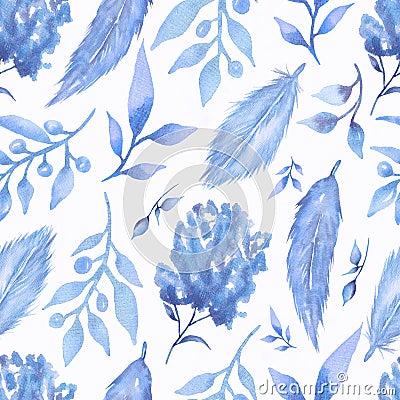 Seamless watercolor pattern with floral and feathers in trendy bluel colors. modern color.Hand drawn decor patterns with Stock Photo