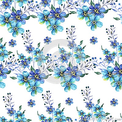 Seamless Watercolor pattern with flowers forget-me-nots on a white background illustration Cartoon Illustration