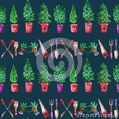 Seamless watercolor pattern gardening theme potted seedlings and gardening tools, horizontal, on dark blue background Cartoon Illustration