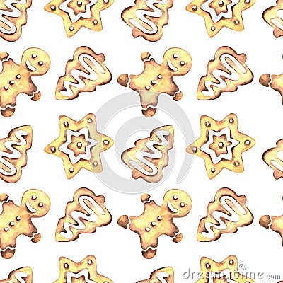Seamless watercolor pattern with ginger cookies. Vector Illustration