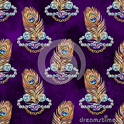 Seamless watercolor pattern with gold peacock feathers Stock Photo