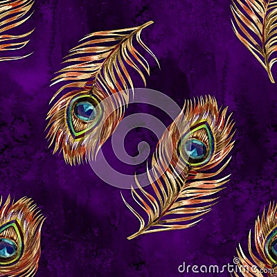 Seamless watercolor pattern with gold peacock feathers Stock Photo