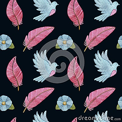 Watercolor seamless pattern with pigeons, feathers, flowers and birds Stock Photo