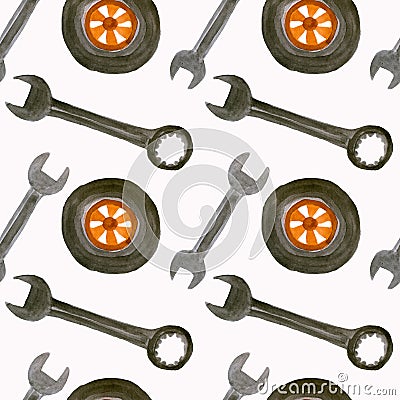 Seamless watercolor pattern machine wheel and wrench tools. Stock Photo