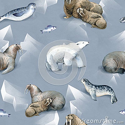 Seamless watercolor pattern about north fauna. Ice and sea animal. White bear, warlus, fish and seal on snow Stock Photo