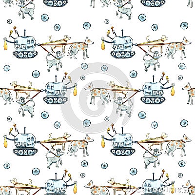 Seamless watercolor pattern with painted modern robots for pets. Gears, science, technology, gadgets for life Stock Photo