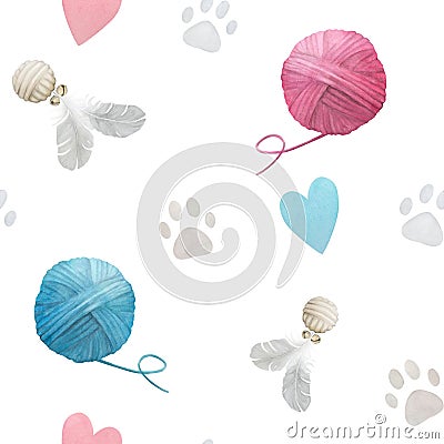 Seamless watercolor pattern with pastel paw prints, hearts, toys and clews on white background Stock Photo