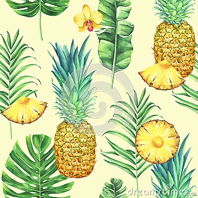 Seamless watercolor pattern with pineapples, tropical leaves, and flowers on yellow background. Cartoon Illustration