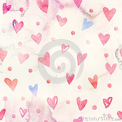 Seamless watercolor pattern with colorful hearts - romantic light and soft tints of pink and red. Stock Photo