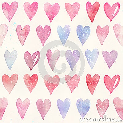 Seamless watercolor pattern with colorful hearts - romantic light and soft tints of pink and red. Stock Photo