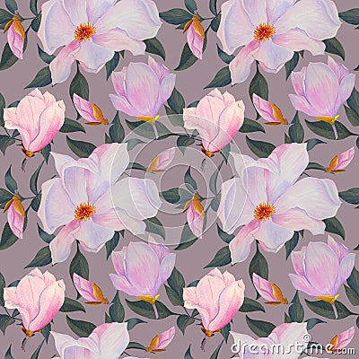 Seamless watercolor pattern with pink magnolias and leaves, hand-drawn Stock Photo