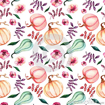 Seamless watercolor pattern with pumpkins. Autumn bright pattern with pumpkins Stock Photo