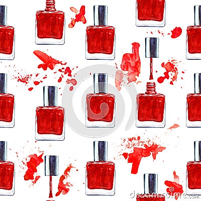 Seamless watercolor pattern with red nail polish on white Stock Photo