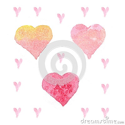 Seamless watercolor pattern with regular colorful hearts. Light and soft tints of pink, girlish design. Stock Photo