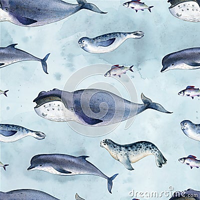 Seamless watercolor pattern about sea fauna. marine animal. Dolphin, whale, fish and seal on blue background Stock Photo