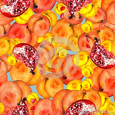 Seamless watercolor pattern with slices fruits, pomegranate fruit, peach fruit, plum, apricot, watermelon. Orange, purple Stock Photo