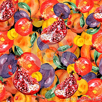 Seamless watercolor pattern with slices fruits, pomegranate fruit, peach fruit, plum, apricot, watermelon. Orange, purple Stock Photo