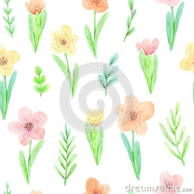 Seamless watercolor pattern of spring blooming flowers and greenery Stock Photo