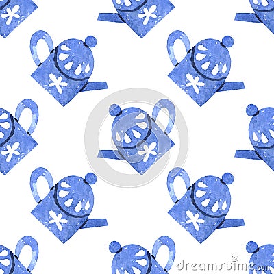 Seamless watercolor pattern with teapots isolated with clipping mask Stock Photo