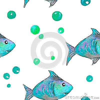 Seamless watercolor pattern on the theme of the sea, consisting of light blue fish on a white background Stock Photo