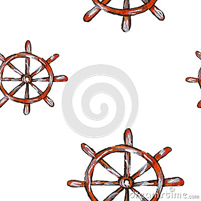 Seamless watercolor pattern on the theme of the sea, consisting of ship`s rudders . It can be used for printing on Stock Photo