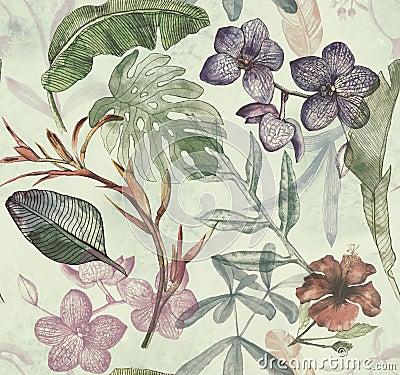 Seamless watercolor pattern with tropical flowers, magnolia, orange flower, vanilla orchid, tropical leaves, banana leaves Cartoon Illustration