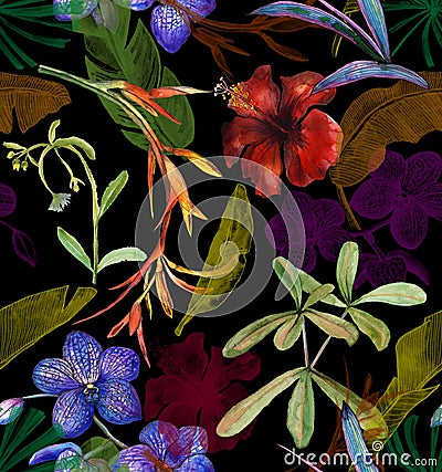 Seamless watercolor pattern with tropical flowers, magnolia, orange flower, vanilla orchid, tropical leaves, banana leaves Cartoon Illustration