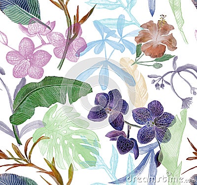 Seamless watercolor pattern with tropical flowers, magnolia, orange flower, vanilla orchid, tropical leaves, banana leaves Cartoon Illustration