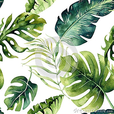 Seamless watercolor pattern of tropical leaves, dense jungle. Ha Stock Photo