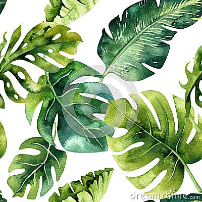 Seamless watercolor pattern of tropical leaves, dense jungle. Ha Stock Photo