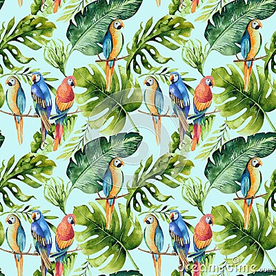 Seamless watercolor pattern of tropical leaves, dense jungle. Ha Stock Photo