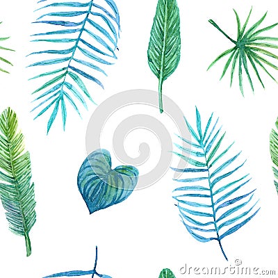 Seamless watercolor pattern of tropical leaves Stock Photo