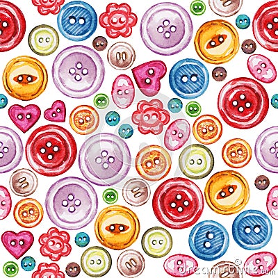 Seamless watercolor pattern of various sewing buttons. Stock Photo