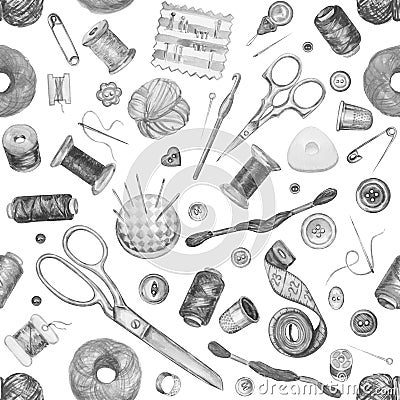 Seamless watercolor pattern of various sewing tools. Sewing kit Stock Photo