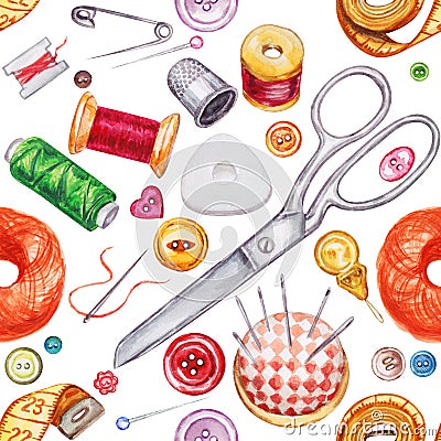 Seamless watercolor pattern of various sewing tools. Sewing kit Stock Photo