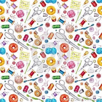 Seamless watercolor pattern of various sewing tools. Sewing kit Stock Photo