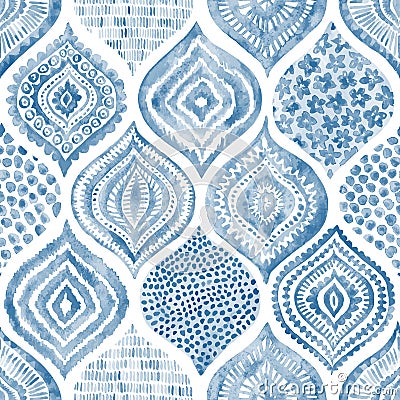 Seamless watercolor pattern. Vintage blue and white ornament. Te Vector Illustration