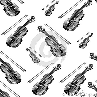 Seamless watercolor pattern with violin on the white background. Stock Photo